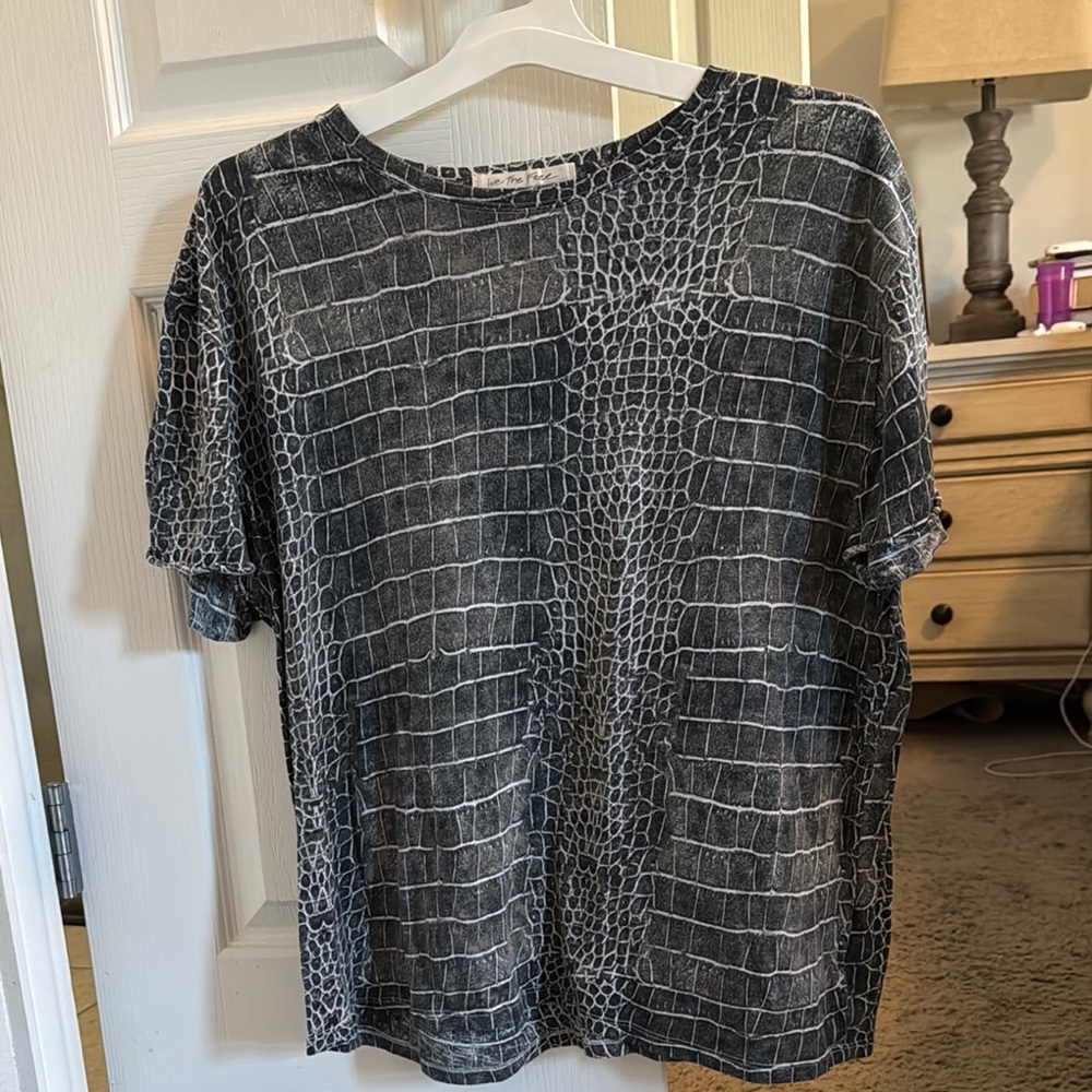 Free People Black Crocodile Print Short Sleeve Top